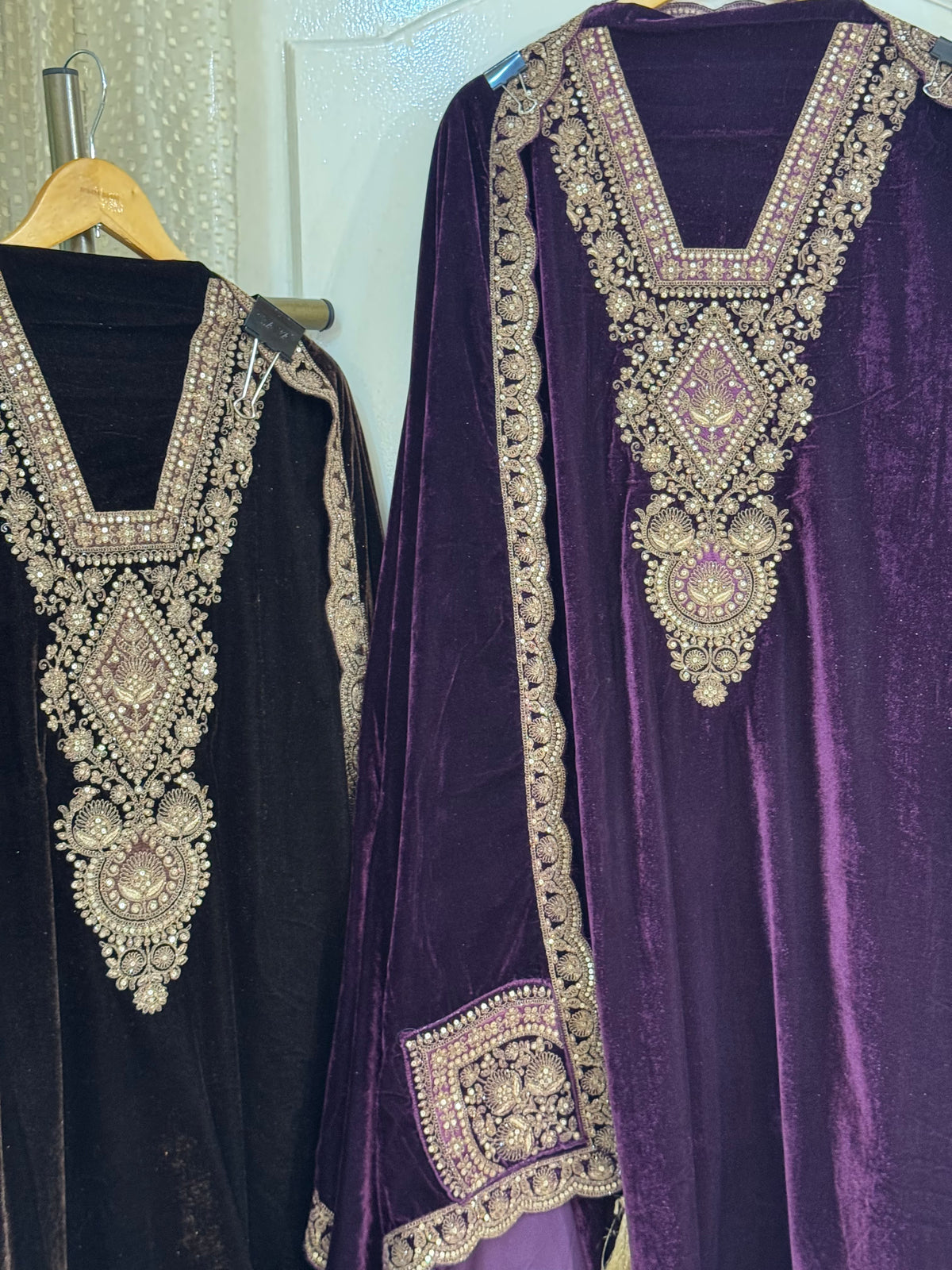 Deep Purple Velvet Suit Set with Dori & Zari Embroidery (Set of 3) (Unstitched)