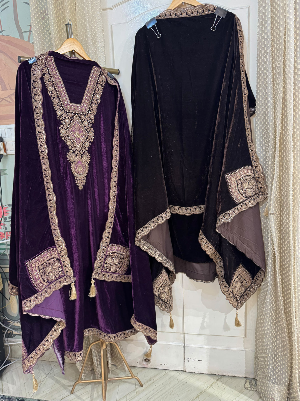 Deep Purple Velvet Suit Set with Dori & Zari Embroidery (Set of 3) (Unstitched)