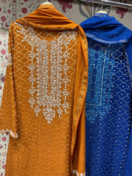 Pure Banarasi Mulmul Chanderi Suit Set with Chikankari & Mirror-Sequin Work (Set of 3) (Unstitched)