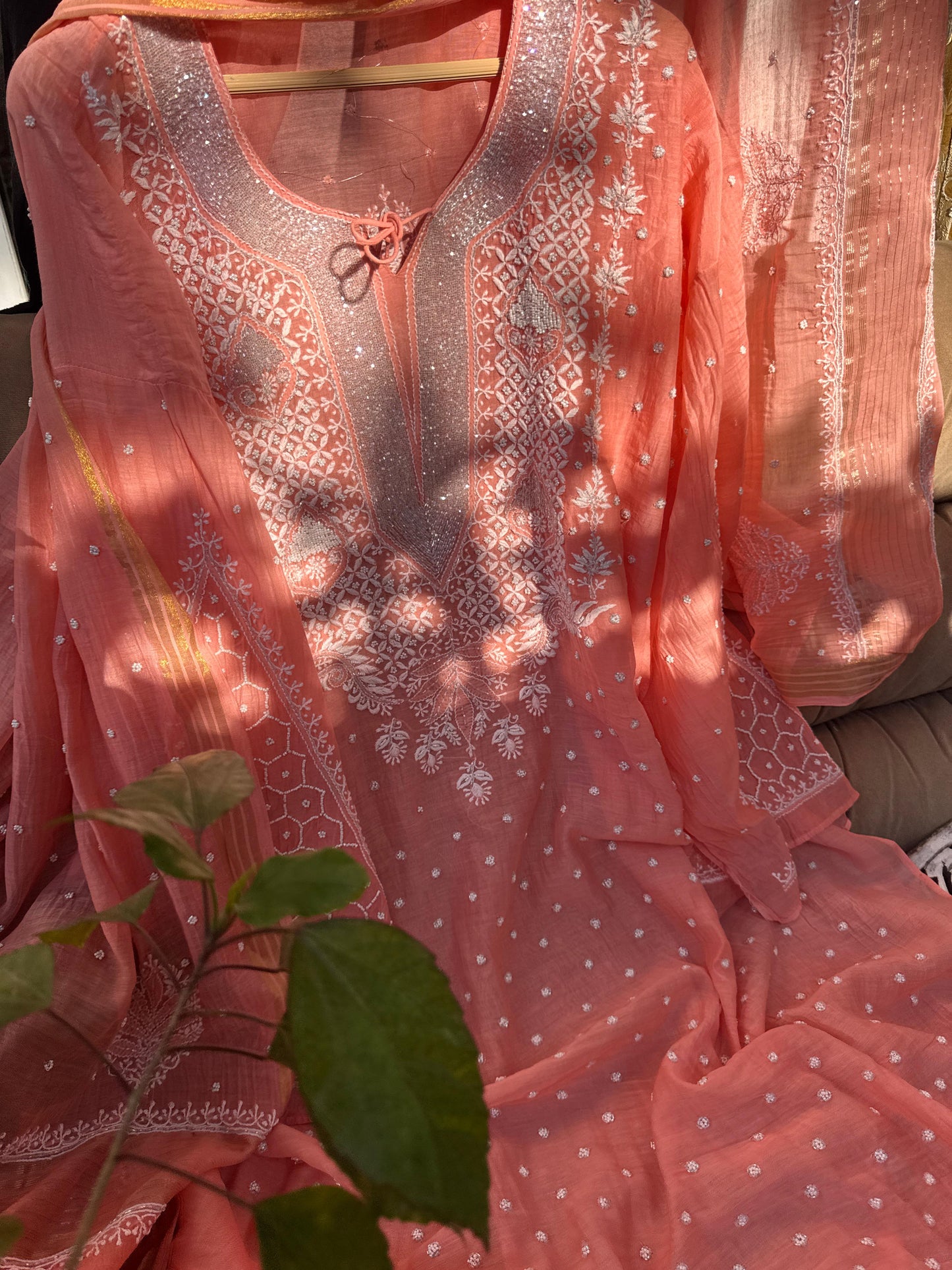 Semi Stitched Peach Kurta Suit Set