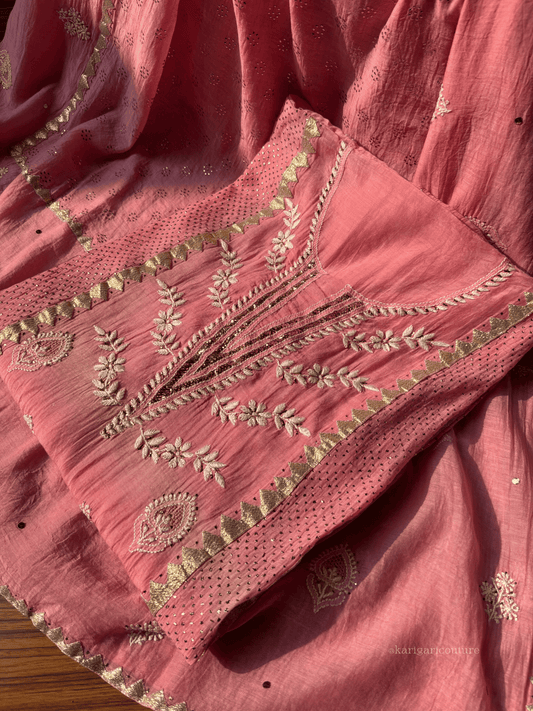 Coral Mulmul Kurta Set with Mukesh, Chikankari & Heavy Embroidered Dupatta