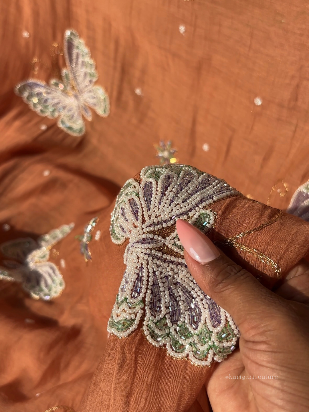 Peach Whisper Kurta Set with Hand-Embroidered Butterfly Motifs