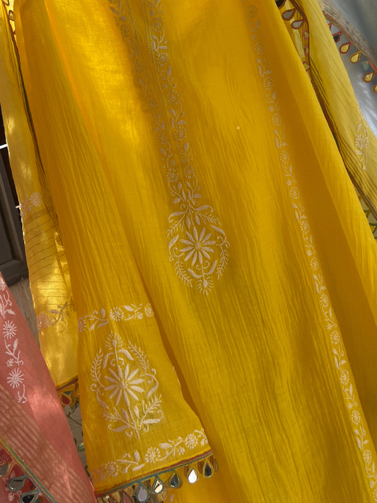 Pure Mulmul Kurta Set with Chikankari & Embroidered Sleeves with Mirror Lace Dupatta (Set of 3) (Semi-stitched)