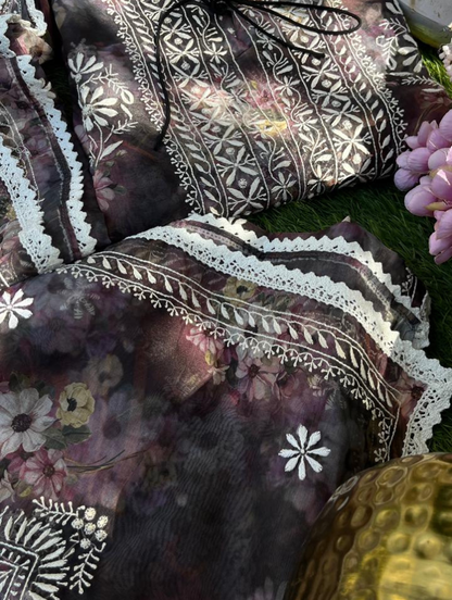 Ensemble festif en organza et chikankari