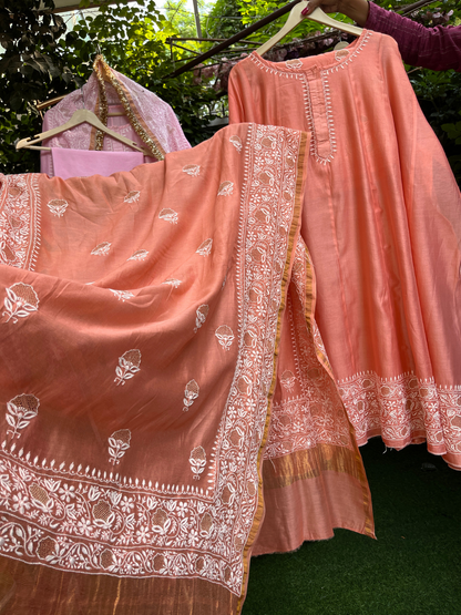 Pure Chanderi Silk Anarkali Set with Ek Taar Chikankari with Coordinated Palazzo & Dupatta (Set of 3) (Stitched)