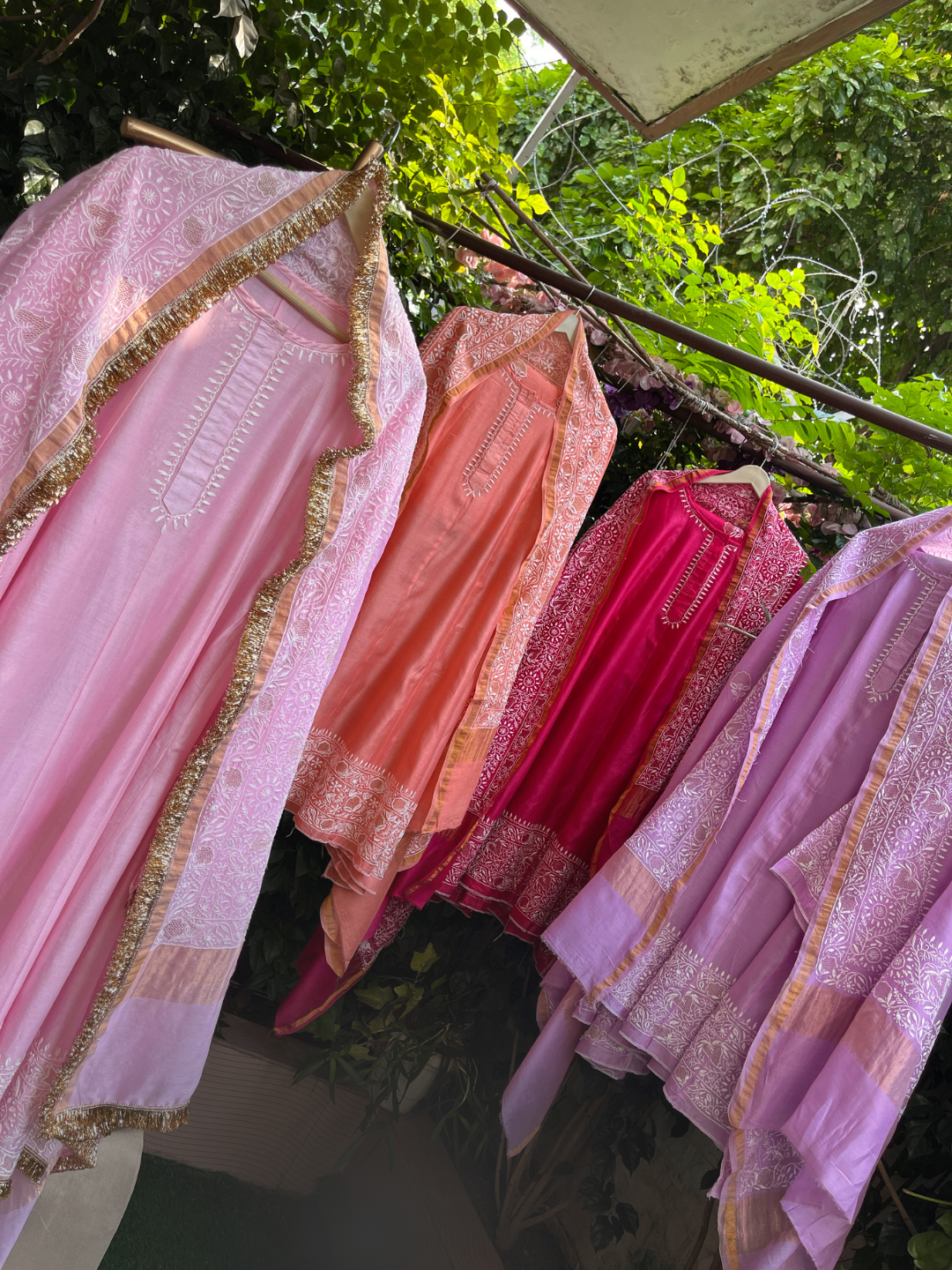 Pure Chanderi Silk Anarkali Set with Ek Taar Chikankari with Coordinated Palazzo & Dupatta (Set of 3) (Stitched)