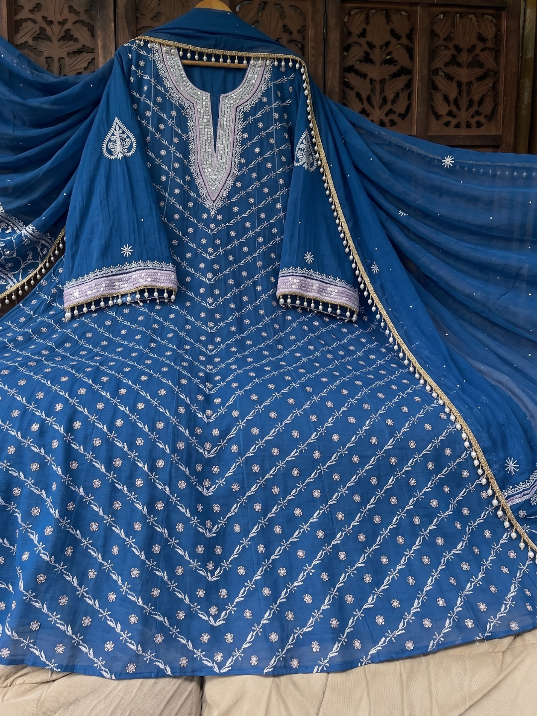 Pure Mulmul Anarkali Suit Set with Chikankari & Aari-Sequin Work with Embroidered Dupatta (Set of 3) (Semi-stitched)