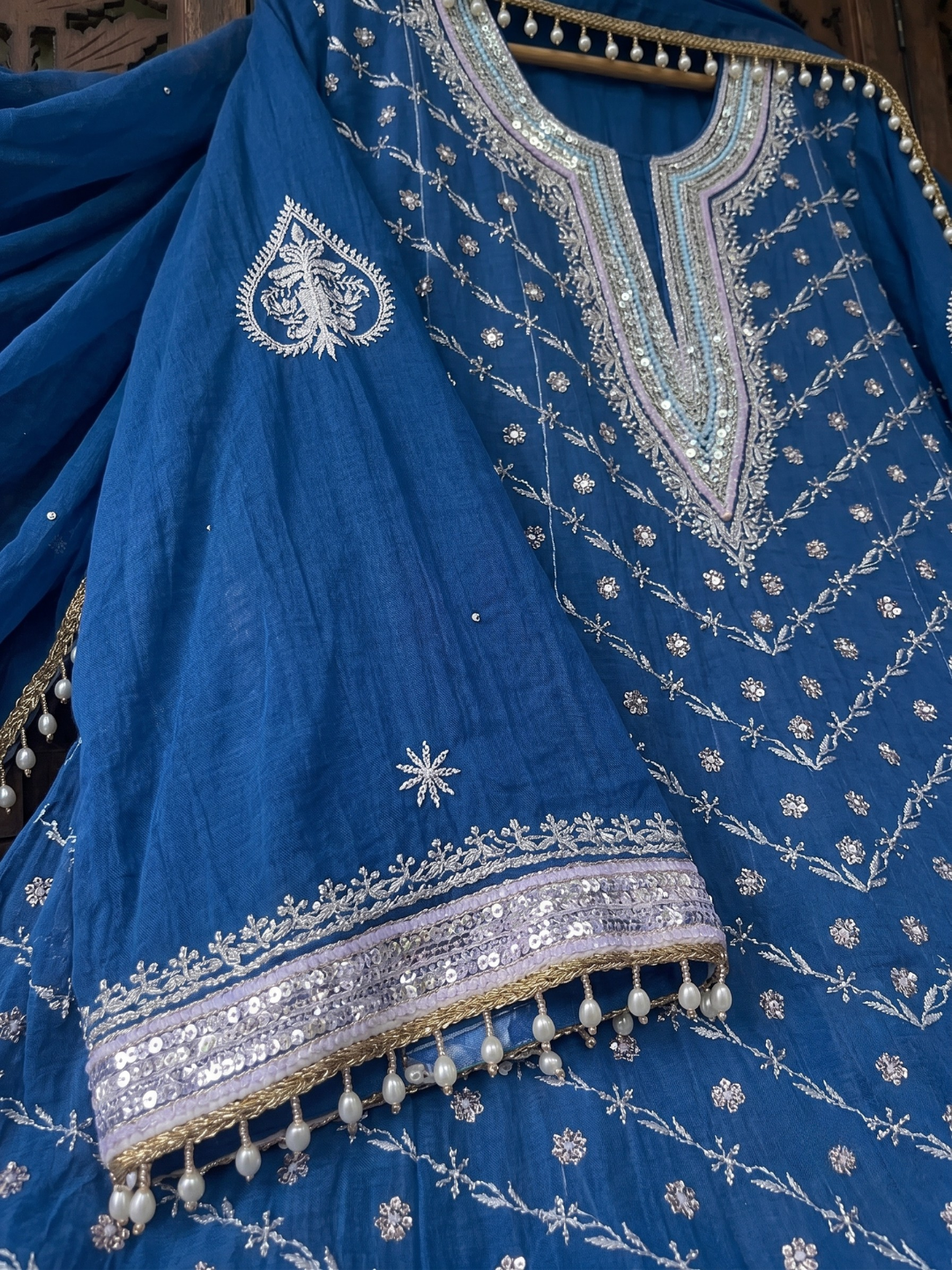Pure Mulmul Anarkali Suit Set with Chikankari & Aari-Sequin Work with Embroidered Dupatta (Set of 3) (Semi-stitched)