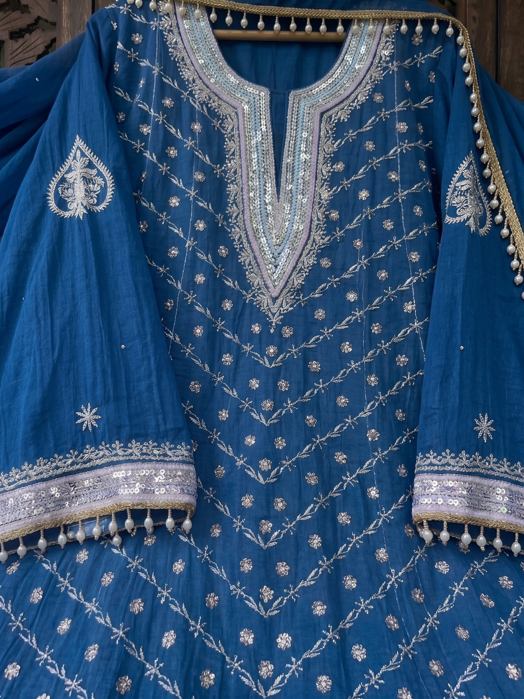Pure Mulmul Anarkali Suit Set with Chikankari & Aari-Sequin Work with Embroidered Dupatta (Set of 3) (Semi-stitched)