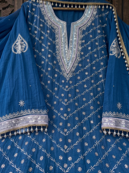 Pure Mulmul Anarkali Suit Set with Chikankari & Aari-Sequin Work with Embroidered Dupatta (Set of 3) (Semi-stitched)