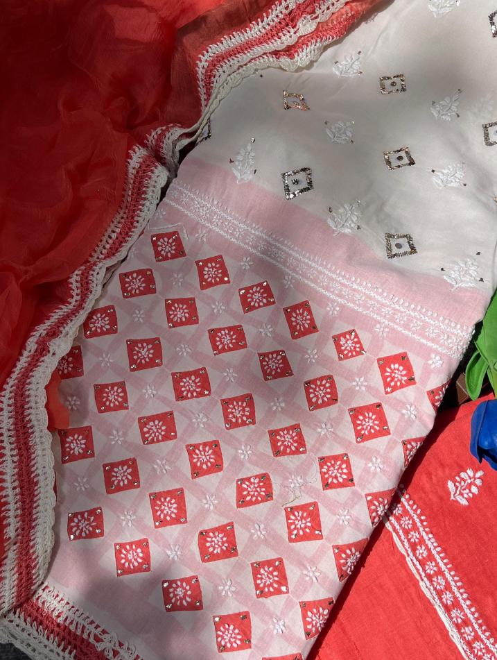 Cotton Voile Chikankari Appliqué Ensemble