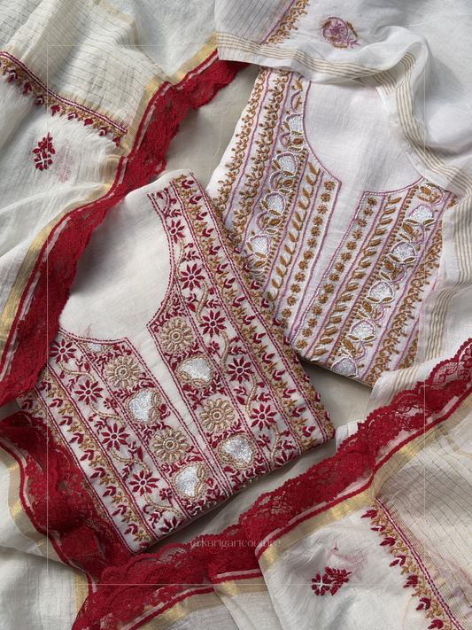 The Pearl-Embellished Chikankari Set in Ivory & Crimson Un-stitched