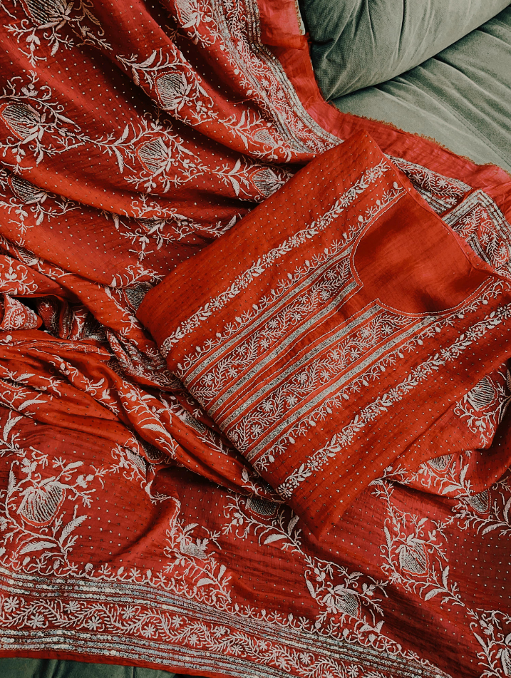 Ensemble festif en chikankari de luxe en mulmul