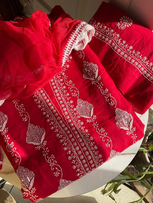 Cotton Voile Suit Set with Heavy Jaal Chikankari & Cutdana-Sequin Work with Chiffon Dupatta