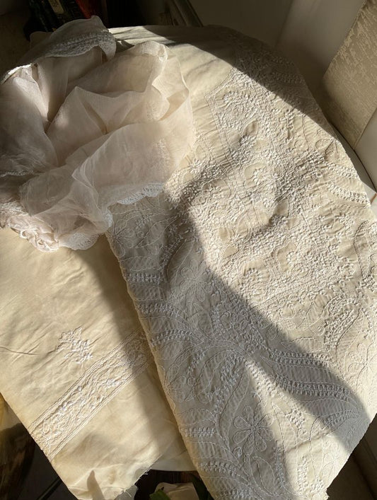 Cotton Voile Suit Set with Chikankari Jaal & Neckline Work with Chiffon Dupatta (Set of 3) (Unstitched)