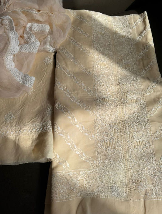 Cotton Voile Suit Set with Chikankari & Haath Jaali Work with Chiffon Dupatta (Set of 3)