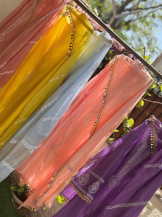 Pure Mulmul Kurta Set with Chikankari & Embroidered Sleeves with Mirror Lace Dupatta (Set of 3) (Semi-stitched)