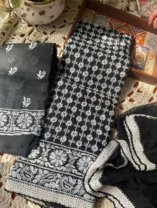 Cotton Voile Suit Set with Fine Chikankari & Boota Work with Chiffon Dupatta (Set of 3)