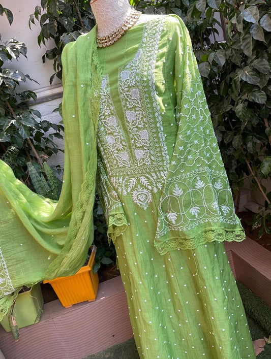 Pure Mulmul Kurta Set with Chikankari & Cutdana Work with Embellished Dupatta (Set of 3) (Stitched)