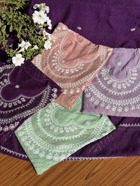 Ensemble de Kurta Chikankari en pur Mulmul avec travail Mukesh (Lot de 2) (Semi-cousu)