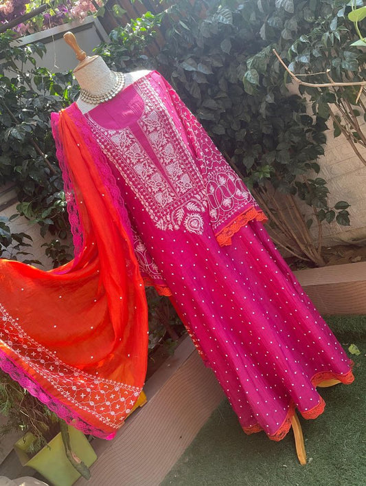Pure Mulmul Kurta Set with Chikankari & Cutdana Work with Embellished Dupatta (Set of 3) (Stitched)