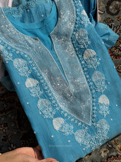 Ensemble de costume non cousu Firozi Blue Torque en mulmul fait main