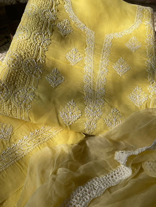Cotton Voile Suit Set with Fine Chikankari & Boota Work with Chiffon Dupatta (Set of 3)