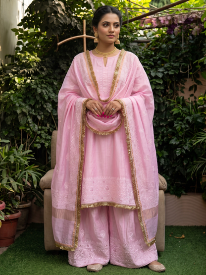 Pure Chanderi Silk Anarkali Set with Ek Taar Chikankari with Coordinated Palazzo & Dupatta (Set of 3) (Stitched)