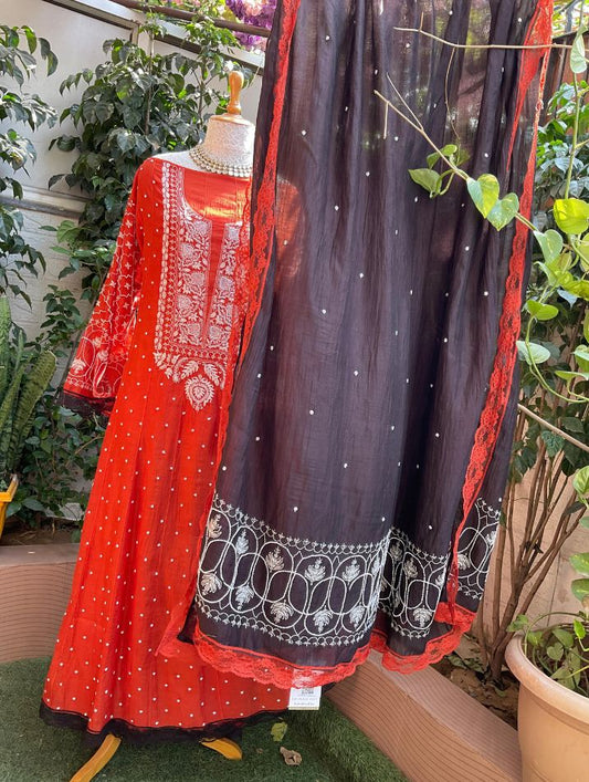 Pure Mulmul Kurta Set with Chikankari & Cutdana Work with Embellished Dupatta (Set of 3) (Stitched)