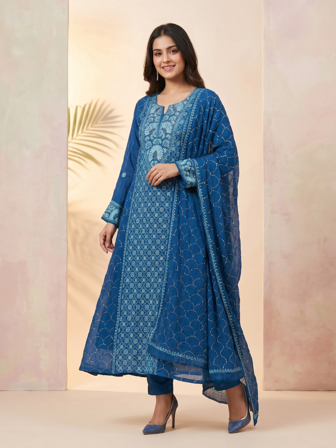Pure Mulmul Chanderi Kurta Set with Chikankari & Mukaish Work with Handcrafted Dupatta (Set of 3) (Semi-stitched)