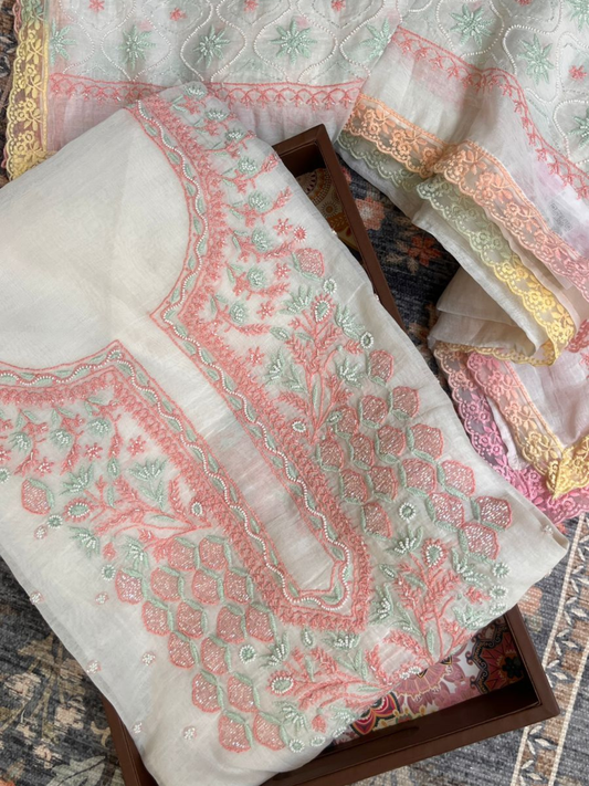 Pure Mulmul Suit Set with Multithread Chikankari & Pearl Embellishments with Embroidered Dupatta (Set of 3) (Unstitched)