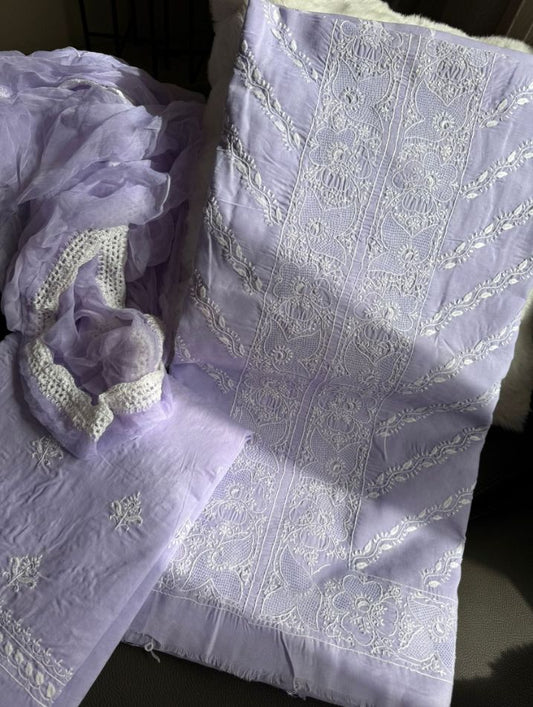 Loom Cotton Voile Suit Set with Fine Chikankari & Haath Jaali Work with Chiffon Dupatta