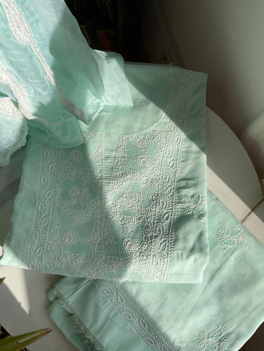 Cotton Voile Suit Set with Handcrafted Jaal & Chikankari Booti Work with Chiffon Dupatta (Set of 3) (Unstitched)