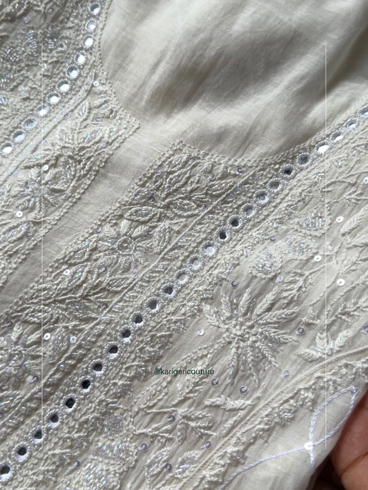 Pure Mulmul Kurta Set with Chikankari Mirror Work with Handcrafted Dupatta (Set of 3) (Unstitched)