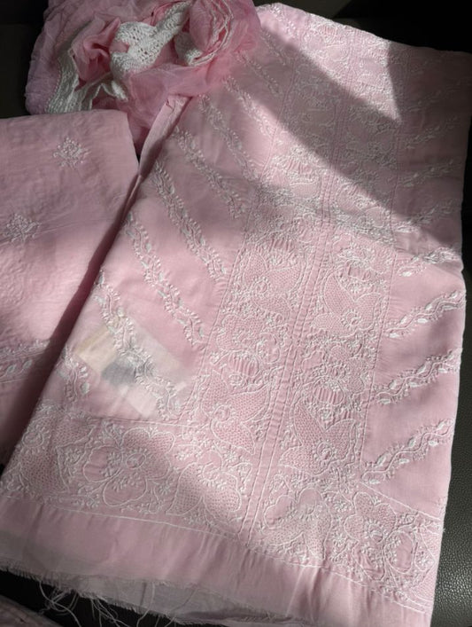 Pure Cotton Voile Suit Set with Fine Chikankari & Haath Jaali Work with Chiffon Dupatta (Set of 3)