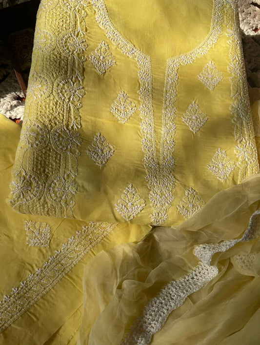Cotton Voile Suit Set with Fine Chikankari & Boota Work with Chiffon Dupatta (Set of 3)