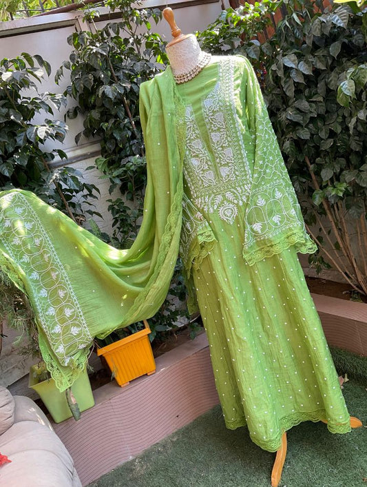Pure Mulmul Kurta Set with Chikankari & Cutdana Work with Embellished Dupatta (Set of 3) (Stitched)