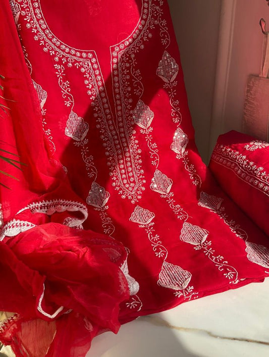Cotton Voile Suit Set with Heavy Jaal Chikankari & Cutdana-Sequin Work with Chiffon Dupatta