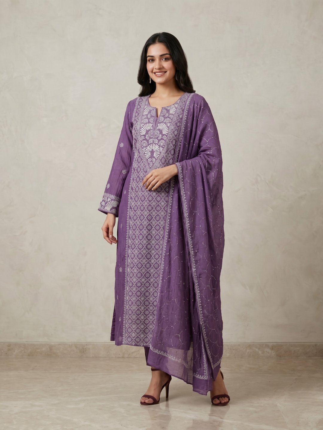 Pure Mulmul Chanderi Kurta Set with Chikankari & Mukaish Work with Handcrafted Dupatta (Set of 3) (Semi-stitched)