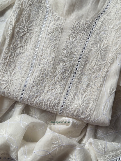 Ensemble Kurta Mulmul pur avec broderie Chikankari miroir et Dupatta fait main (Lot de 3) (Non cousu)