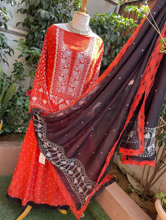 Pure Mulmul Kurta Set with Chikankari & Cutdana Work with Embellished Dupatta (Set of 3) (Stitched)