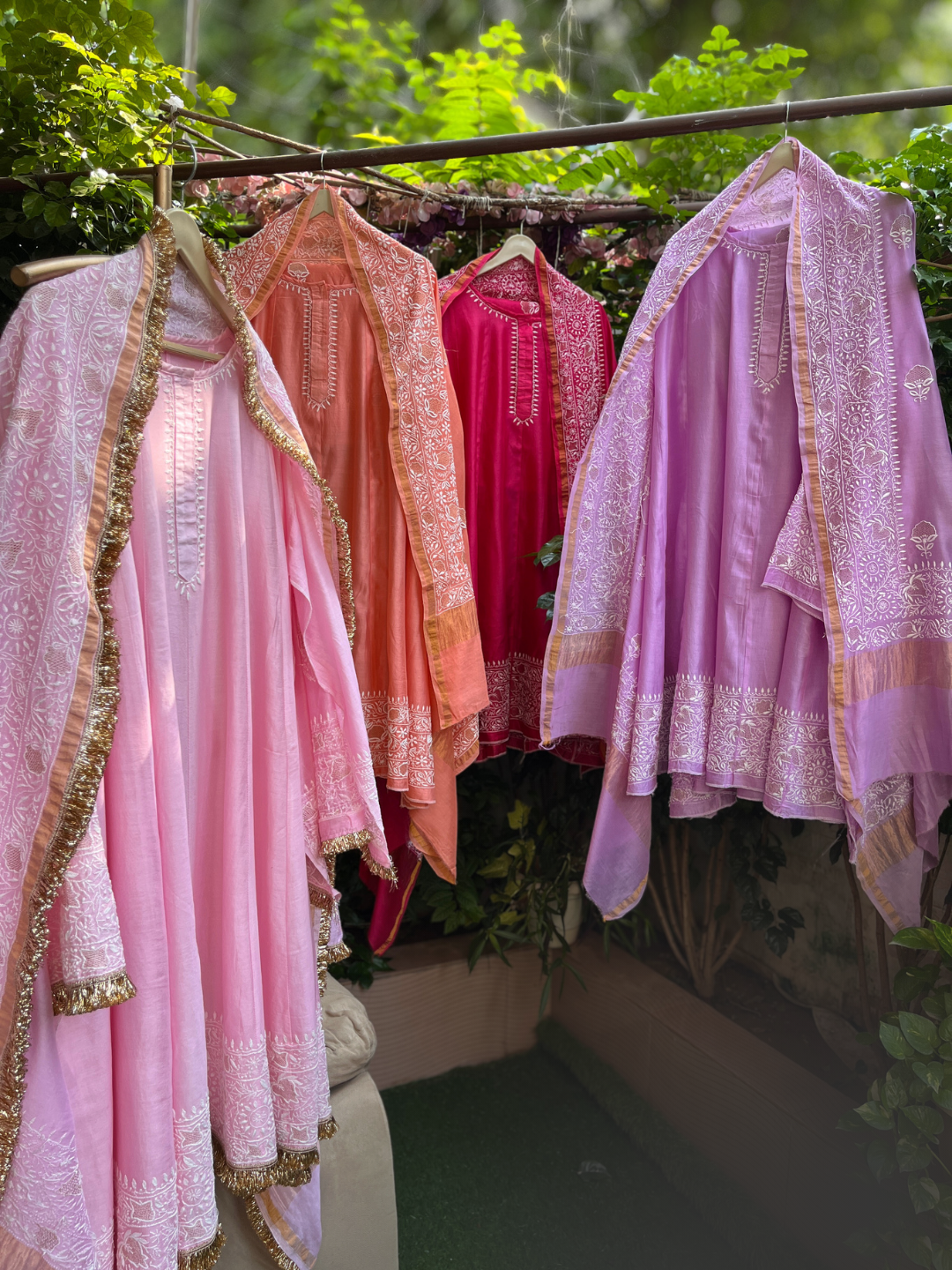 Pure Chanderi Silk Anarkali Set with Ek Taar Chikankari with Coordinated Palazzo & Dupatta (Set of 3) (Stitched)