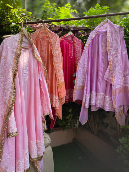 Pure Chanderi Silk Anarkali Set with Ek Taar Chikankari with Coordinated Palazzo & Dupatta (Set of 3) (Stitched)