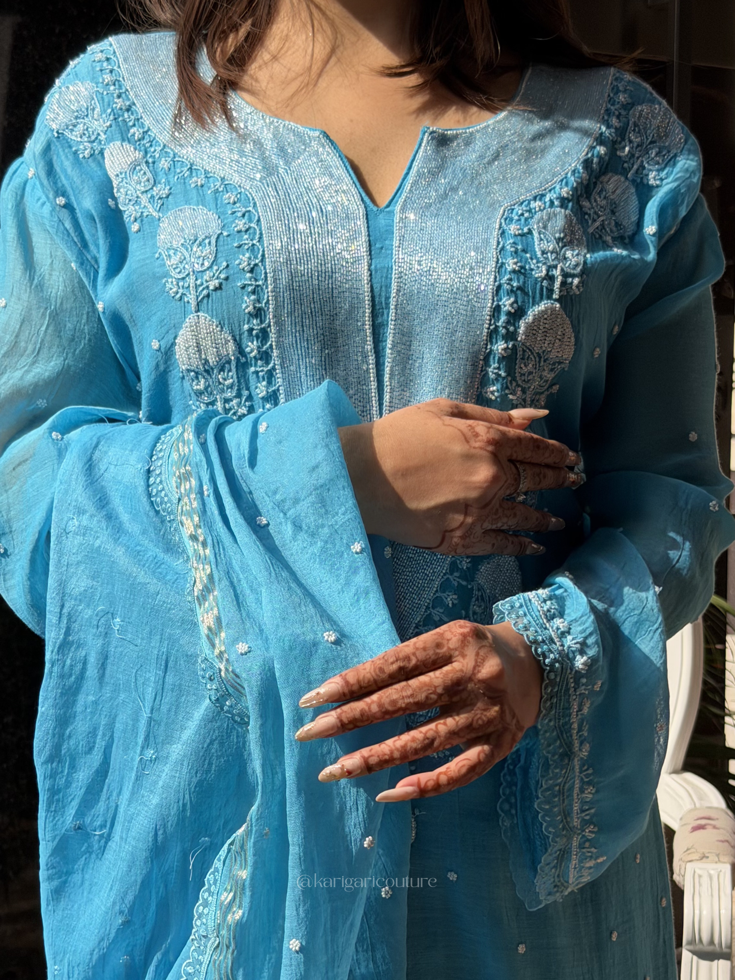 Ensemble de costume non cousu Firozi Blue Torque en mulmul fait main