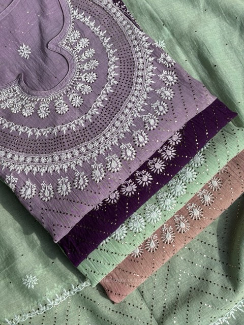 Ensemble de Kurta Chikankari en pur Mulmul avec travail Mukesh (Lot de 2) (Semi-cousu)