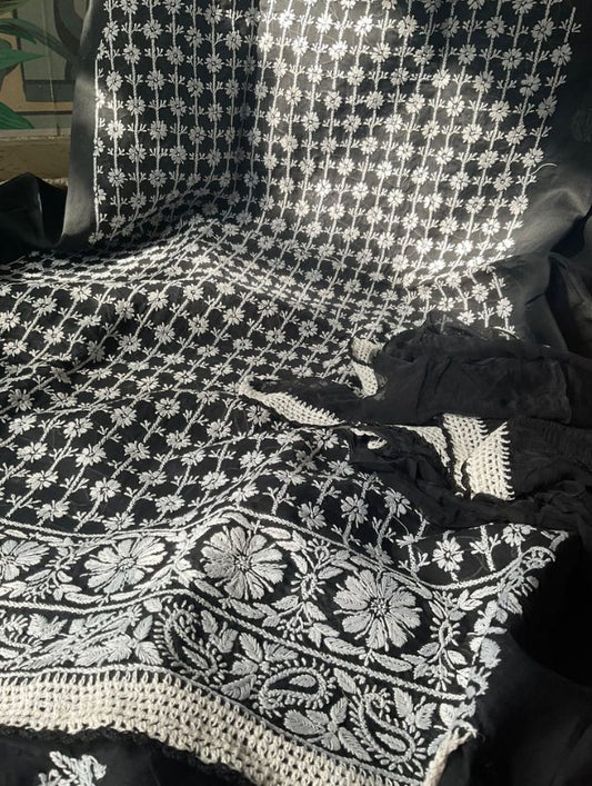 Cotton Voile Suit Set with Fine Chikankari & Boota Work with Chiffon Dupatta (Set of 3)