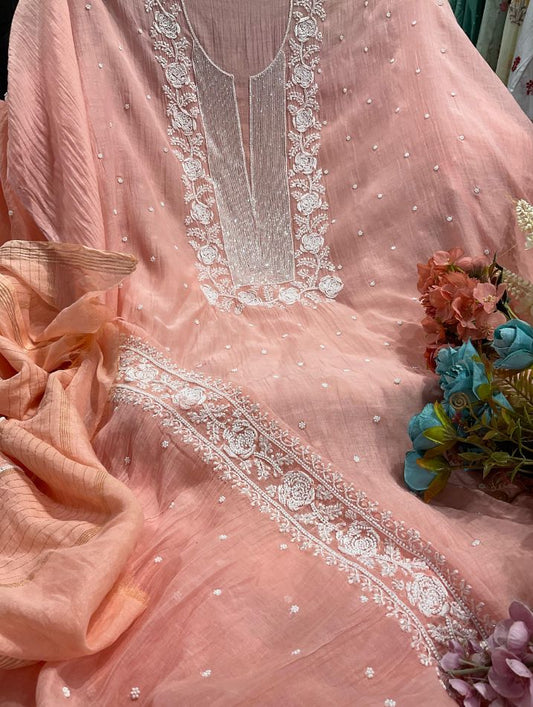 Pure Mulmul Cotton Kurta Set with Chikankari & Pearl-Cutdana Work with Dupatta (Set of 3) (Stitched)