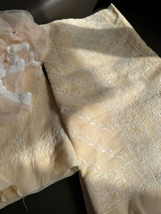 Cotton Voile Suit Set with Chikankari & Haath Jaali Work with Chiffon Dupatta (Set of 3)