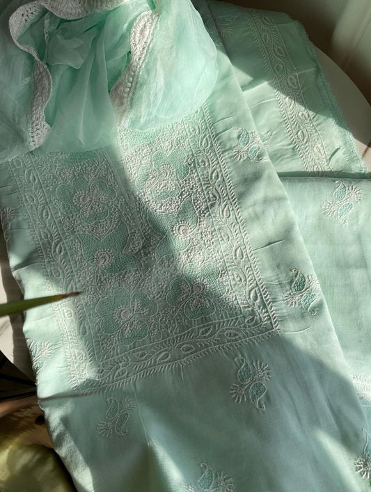 Cotton Voile Suit Set with Handcrafted Jaal & Chikankari Booti Work with Chiffon Dupatta (Set of 3) (Unstitched)