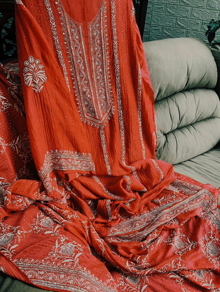 Ensemble festif en chikankari de luxe en mulmul